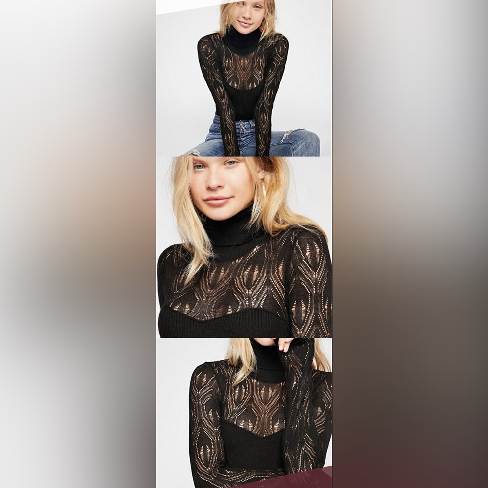 Free people black turtle neck lace bodysuit XS